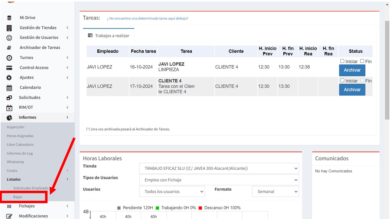 Acceder a historial de bajas